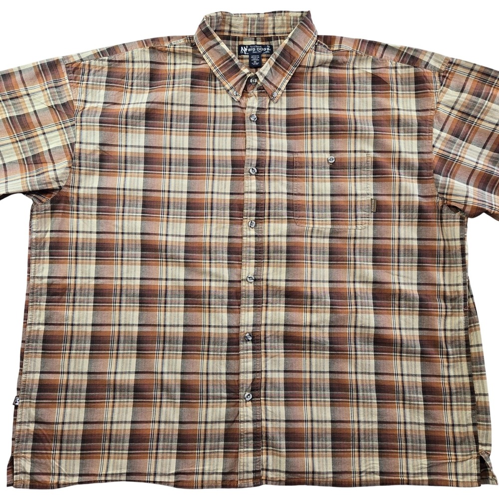Big Dogs Shirt Mens 4XL Brown Short Sleeve Button Up Plaid Cotton Pockets